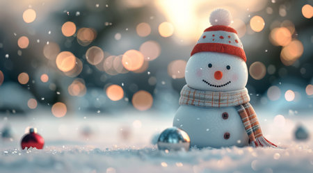 A snowman wearing a knitted hat and scarf stands in a snowy field with Christmas ornaments scattered around. The background features a blurred out forest with twinkling lights.の素材