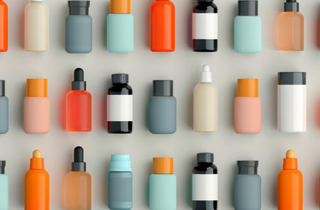 A variety of colorful bottles are arranged in neat rows on a white background. Some bottles are opaque, while others are transparent, showing the liquids inside.の素材