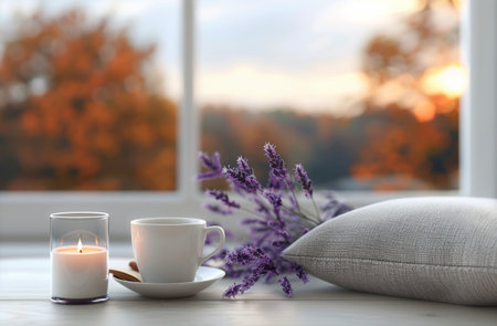 A cup of tea, a lit candle, and a book rest on a table next to a bouquet of lavender, creating a relaxing and inviting atmosphere.の素材