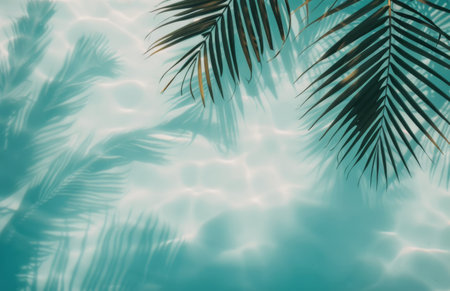 Palm tree leaves hang over a clear blue swimming pool, reflecting sunlight on the ripping water.の素材