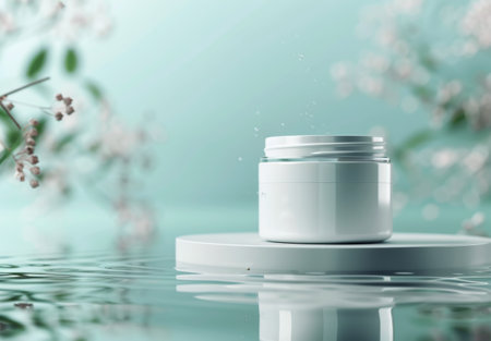 A white cream jar sits on a white floating platform on clear water. The jar is slightly open, with water droplets around it.の素材