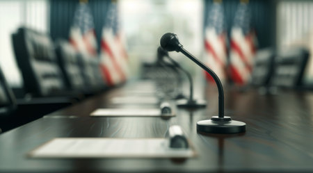 Two microphones stand on a podium in a legislative chamber, with blurred out attendees in the background. The microphones are ready for a debate or speech.の素材