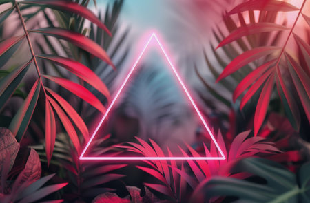 A glowing pink neon triangle frame is set against a dark background with palm leaves framing the sides.の素材
