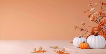 Four pumpkins sit on a white, curved platform, surrounded by autumn leaves. Two small white pumpkins are on either side of the platform. A neutral orange backdrop is in the background.の素材