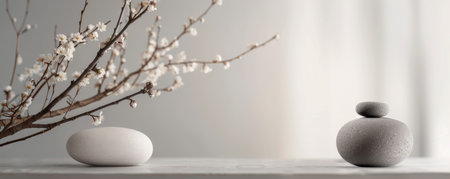 A branch of white blossoms with red centers is suspended above a simple, round concrete platform. The background is a soft, blurred white.の素材
