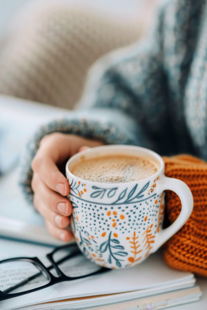 A woman's hands are holding a white ceramic mug filled with coffee. The mug has an intricate, embossed design. Her nails are painted a light pink. A pair of tortoiseshell glasses rests on a white desk beside a bound notebook.の素材