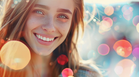 A young girl with long, brown hair smiles brightly while standing in front of a background of colorful bokeh.の素材