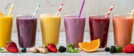 A row of six colorful smoothies in tall glasses, garnished with fruit and topped with straws.の素材