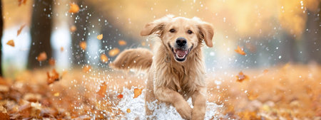 A golden retriever dog runs through a field of fallen leaves, splashing through puddles and enjoying the fall weather. The dog's tongue hangs out, and its tail wags happily.の素材
