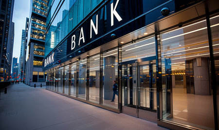 A person walks into a modern bank building in a city. The building has glass walls and a large BANK sign above the entrance.の素材