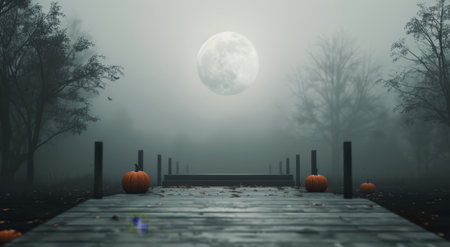 A full moon hangs high in the night sky, casting an ethereal glow over a foggy landscape. Silhouettes of trees and a stone platform stand in the mist, with a pair of jack-o'-lanterns adding a touch of eerie charm.の素材