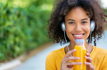 A woman smiles as she holds a bottle of juice in one hand and listens to music with headphones. The woman is wearing a yellow shirt and has curly hair.の素材