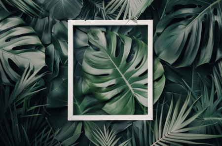 A white frame is surrounded by lush green tropical leaves, creating a natural, textured background. The leaves are arranged in a symmetrical pattern, with the frame in the center.の素材