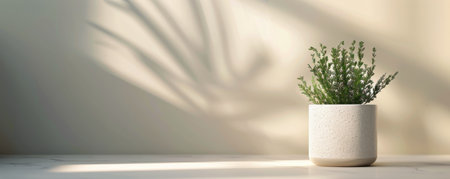 A single white ceramic pot with a textured surface sits on a table, filled with delicate white flowers. The light from a window creates soft shadows on the wall behind the pot.の素材