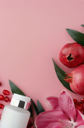 A white bottle with a silver lid sits on a pink background surrounded by pomegranate seeds, leaves, and a pink flower petal.の素材