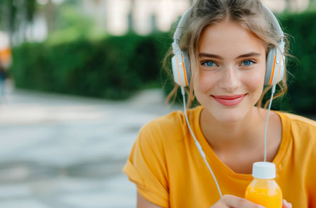 A woman smiles as she holds a bottle of juice in one hand and listens to music with headphones. The woman is wearing a yellow shirt and has curly hair.の素材