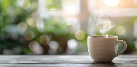 A white cup of coffee sits on a wooden table with a saucer and a small potted flower. The sun shines through a window in the background.の素材