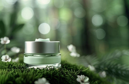 A glass jar of cream sits on a bed of moss, surrounded by ferns and a blurred forest background. The light shines through the foliage, casting a warm glow on the scene.の素材