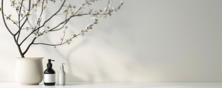 White flowers in a glass vase cast a shadow on a white table in a room with sunlight streaming through a window.の素材