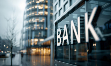 A person walks into a modern bank building in a city. The building has glass walls and a large BANK sign above the entrance.の素材