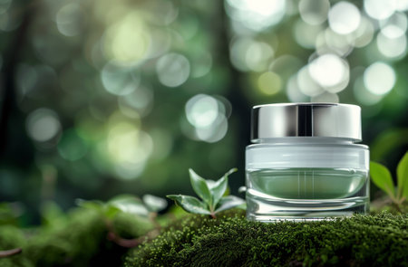 A glass jar of cream sits on a bed of moss, surrounded by ferns and a blurred forest background. The light shines through the foliage, casting a warm glow on the scene.の素材