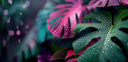 Tropical leaves with water drops on a dark background. Close-up of vibrant green and pink foliage, showing the intricate details and textures.の素材