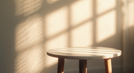 A small, round, white table sits in a room with a pale pink wall. Light streams through a window casting thin, horizontal shadows across the table and the wall.の素材