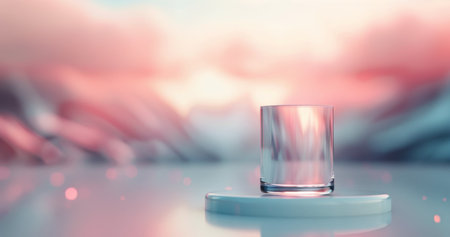 A single glass sits on a white platform against a blurry background of soft pink and blue hues.の素材