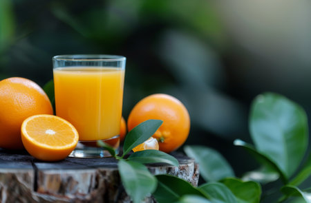 A glass of orange juice sits on a tree stump with whole oranges and a cut orange beside it. Green leaves from the orange tree surround the fruit.の素材