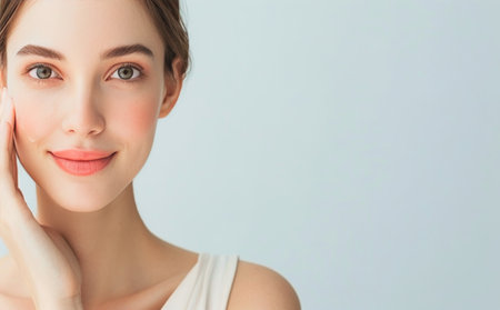 A young woman with dark hair smiles and gently touches her neck against a light blue background.の素材