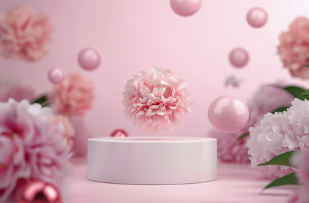 A pink flower floats above a white circular platform. Pink orbs float around the flower and platform. Flowers and foliage are in the foreground and background.の素材