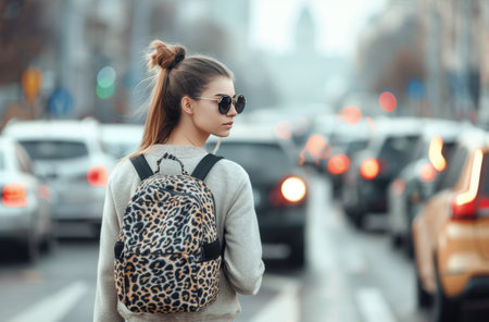 A woman in a gray sweater and leopard print backpack walks down a city street. She is wearing sunglasses and has her hair pulled back in a bun. The street is busy with traffic, and the background is out of focus.の素材