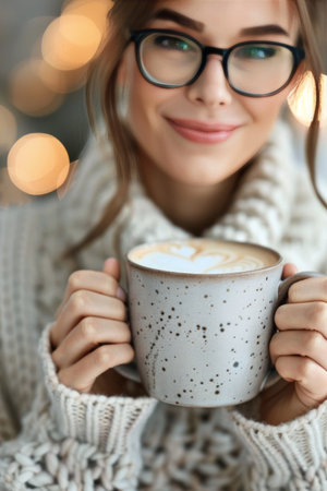 A close-up shot of hands holding a warm cup of coffee with a sprinkle of cinnamon. The person is wearing a cozy knitted sweater, and the background is blurred with warm lighting and a few out-of-focus objects.の素材