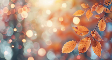 A branch of orange leaves with a blurred bokeh background. The leaves are illuminated by sunlight.の素材