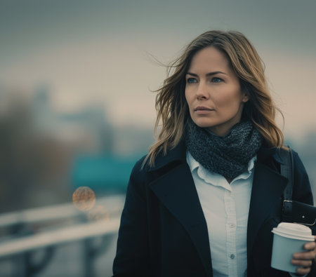 A woman in a black coat walks down a city street, holding a coffee cup in her hand. She looks off to the side, lost in thought.の素材