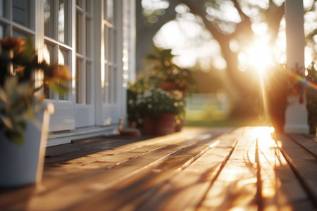A porch with wooden floorboards, sunlight streaming in through a window. Plants in white pots sit on the floorboards, with the sun shining brightly behind them.の素材
