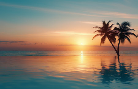 A palm tree silhouetted against a fiery sunset, with the sun reflecting on the ripping ocean water.の素材