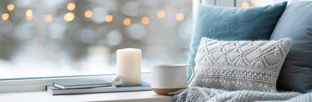 A window seat with cozy pillows, a lit candle, and a mug of coffee. The view outside the window is blurred with soft lights.の素材
