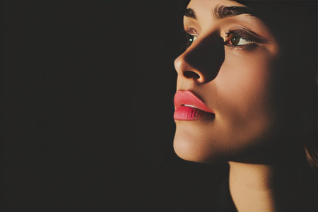 A close-up portrait of a woman with dark hair and pink lipstick, looking directly at the camera against a dark background.の素材