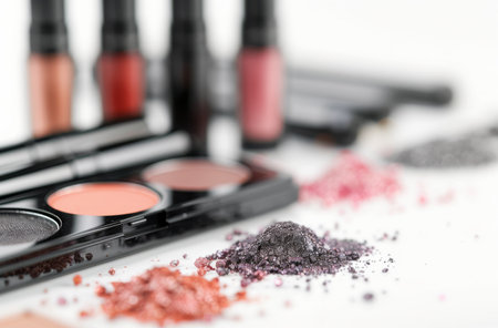 Close up of two eyeshadow palettes and two lipsticks, both in red and black, on a white surface.の素材