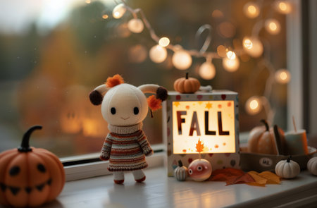 A white toy with a striped sweater stands on a windowsill, surrounded by pumpkins and a Fall sign with a warm light behind it.の素材