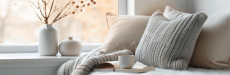 A white mug sits on a stack of books on a windowsill, with a bouquet of white flowers in a white vase. A gray blanket and pillows rest on the window seat, creating a cozy and inviting atmosphere.の素材