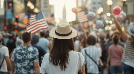 A woman in a striped knit hat and denim jacket raises her arms in the air, holding an American flag in her right hand. She is surrounded by other people, all of whom appear to be participating in a rally. The atmosphere is one of excitement and patriotism.の素材