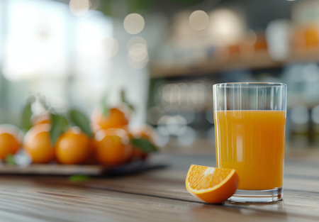 Oranges sit in a white ceramic bowl on a wooden kitchen counter. The oranges are in focus, while the background is blurred.の素材