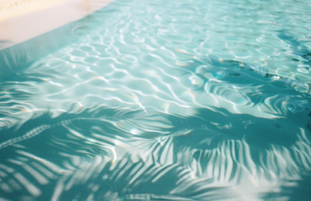 Palm tree leaves cast a shadow on the surface of a turquoise pool. The water ripples slightly, creating a beautiful and relaxing scene.の素材