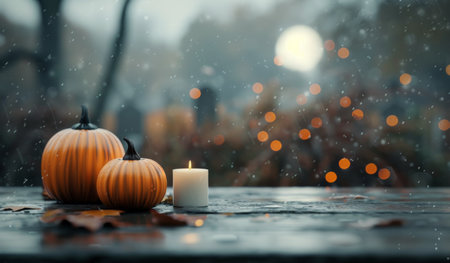 Two carved pumpkins sit on a wooden table with leaves scattered around them. The pumpkins are illuminated with warm light, casting a soft glow against the blurred background of orange and green lights.の素材