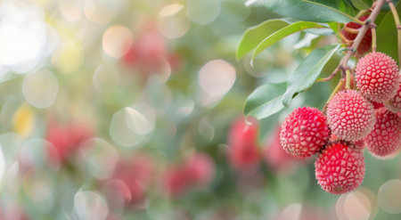 Ripe lychee fruit hang on a branch, surrounded by green leaves, with a blurred background of more lychees.の素材