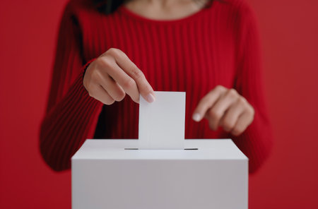 A woman in a red sweater drops a white ballot into a white ballot box. The background is a bright red.の素材