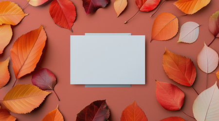 A white card lies flat on a gray background, surrounded by a scattering of autumn leaves. The leaves are various shades of red, orange, and yellow.の素材