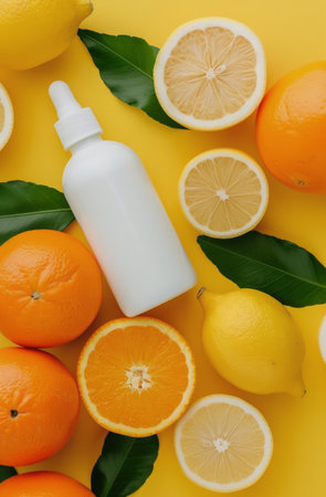 A white spray bottle with a silver lid is surrounded by oranges, a lemon, and green leaves on a bright yellow background. The bottle is partially obscured by the fruit, creating a visually appealing composition.の素材